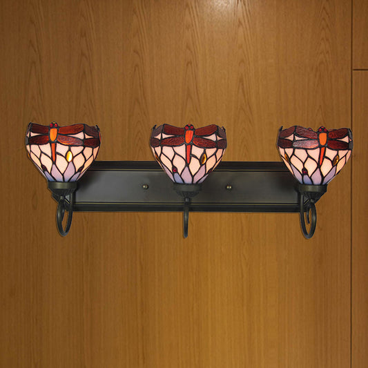 3 Lights Dragonfly Wall Lighting Stained Glass Lodge Vanity Light in Antique Brass for Bathroom Antique Brass Clearhalo 'Industrial' 'Middle century wall lights' 'Tiffany wall lights' 'Tiffany' 'Wall Lamps & Sconces' 'Wall Lights' Lighting' 2550420