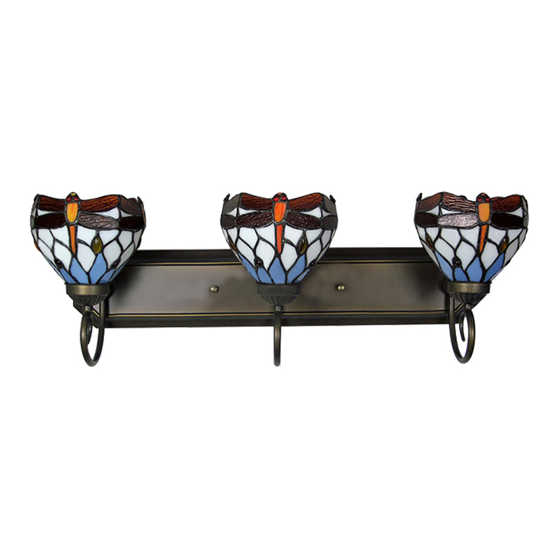 3 Lights Dragonfly Wall Lighting Stained Glass Lodge Vanity Light in Antique Brass for Bathroom Clearhalo 'Industrial' 'Middle century wall lights' 'Tiffany wall lights' 'Tiffany' 'Wall Lamps & Sconces' 'Wall Lights' Lighting' 2550423