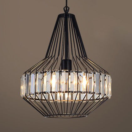 Crystal Block Pendant Ceiling Light Black Geometric Metal Cage Pendant Light Black 14.5" Clearhalo 'Art Deco Pendants' 'Cast Iron' 'Ceiling Lights' 'Ceramic' 'Crystal' 'Industrial Pendants' 'Industrial' 'Metal' 'Middle Century Pendants' 'Pendant Lights' 'Pendants' 'Tiffany' Lighting' 2550432
