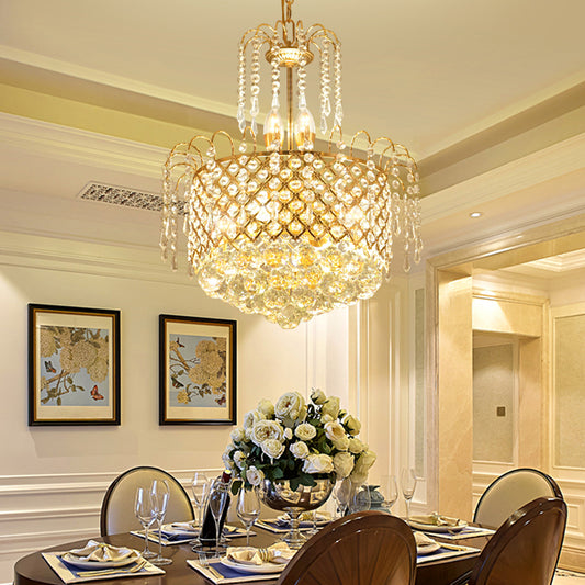 Gold Cutout Metal Shade Chandelier Crystal Balls and Strands Drum Pendent Chandelier Gold 16" Clearhalo 'Ceiling Lights' 'Chandeliers' 'Modern Chandeliers' 'Modern' Lighting' 2550433
