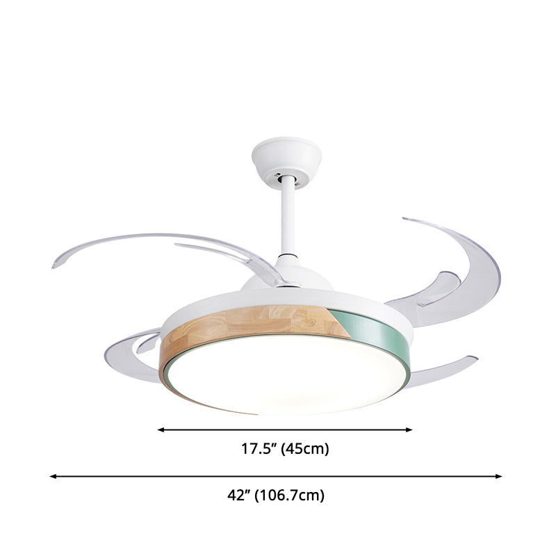 48" Wide LED Metal Semi Flush Light Fixture Modern White Drum Living Room 4 Blades Hanging Ceiling Fan Lamp Clearhalo 'Ceiling Fans with Lights' 'Ceiling Fans' 'Modern Ceiling Fans' 'Modern' Lighting' 2550456