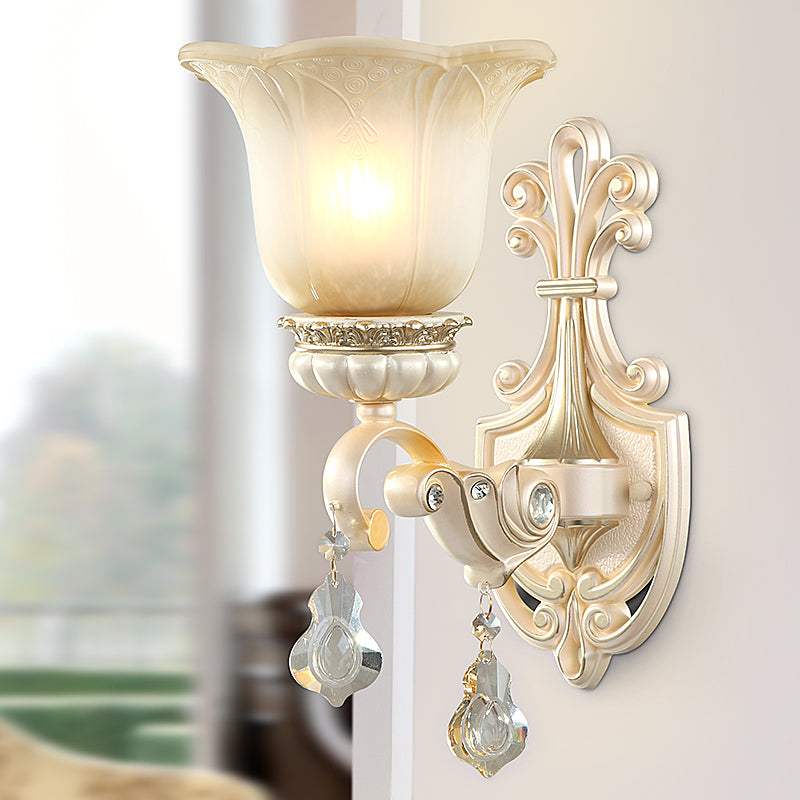 Flower White Glass Wall Mount Light Traditional 1/2 Lights Hallway Sconce Light Fixture with Crystal Drop Clearhalo 'Wall Lamps & Sconces' 'Wall Lights' Lighting' 255095