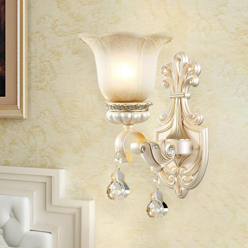 Flower White Glass Wall Mount Light Traditional 1/2 Lights Hallway Sconce Light Fixture with Crystal Drop 1.0 White Clearhalo 'Wall Lamps & Sconces' 'Wall Lights' Lighting' 255096