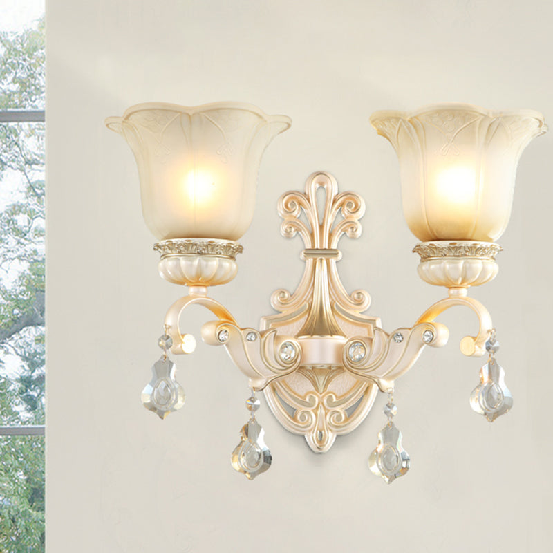 Flower White Glass Wall Mount Light Traditional 1/2 Lights Hallway Sconce Light Fixture with Crystal Drop 2.0 White Clearhalo 'Wall Lamps & Sconces' 'Wall Lights' Lighting' 255101