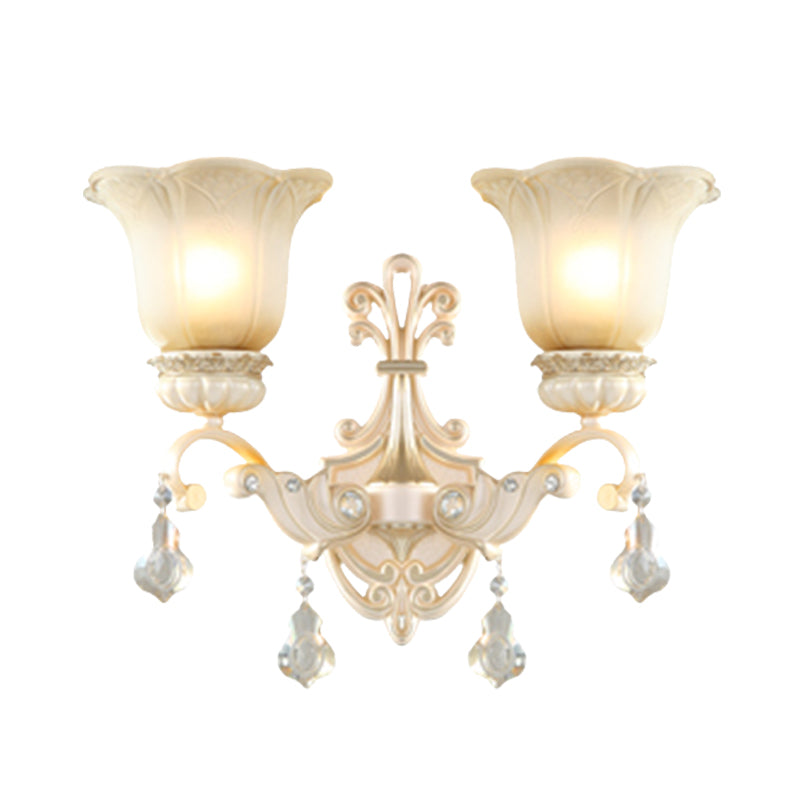 Flower White Glass Wall Mount Light Traditional 1/2 Lights Hallway Sconce Light Fixture with Crystal Drop Clearhalo 'Wall Lamps & Sconces' 'Wall Lights' Lighting' 255105