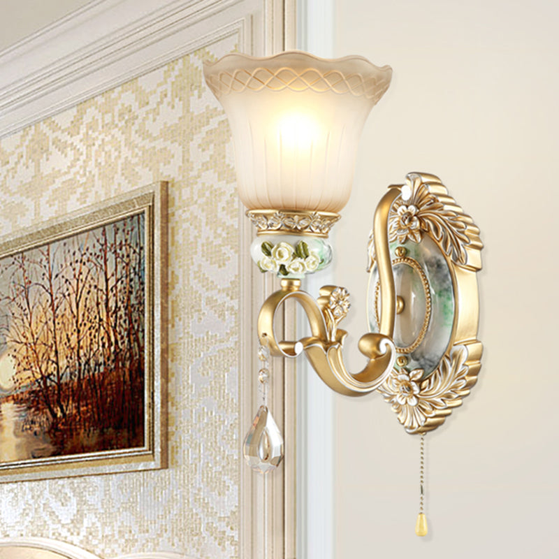 Gold Scallop Wall Light Vintage White Glass 1/2 Lights Living Room Sconce Light with Gold Arm and Backplate Clearhalo 'Wall Lamps & Sconces' 'Wall Lights' Lighting' 255137