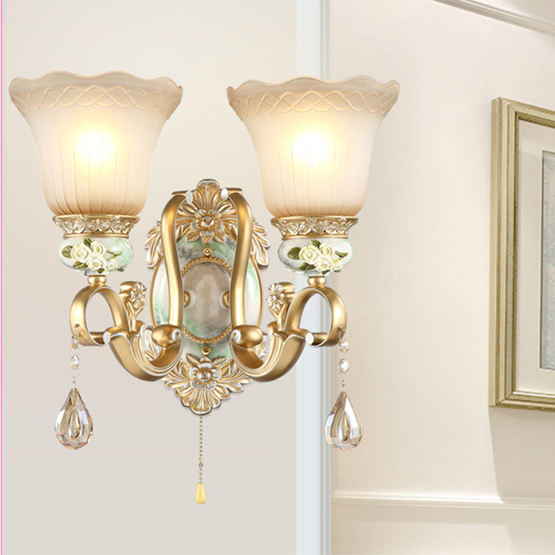 Gold Scallop Wall Light Vintage White Glass 1/2 Lights Living Room Sconce Light with Gold Arm and Backplate 2.0 Gold Clearhalo 'Wall Lamps & Sconces' 'Wall Lights' Lighting' 255141