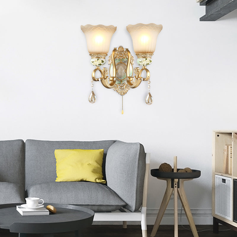 Gold Scallop Wall Light Vintage White Glass 1/2 Lights Living Room Sconce Light with Gold Arm and Backplate Clearhalo 'Wall Lamps & Sconces' 'Wall Lights' Lighting' 255144