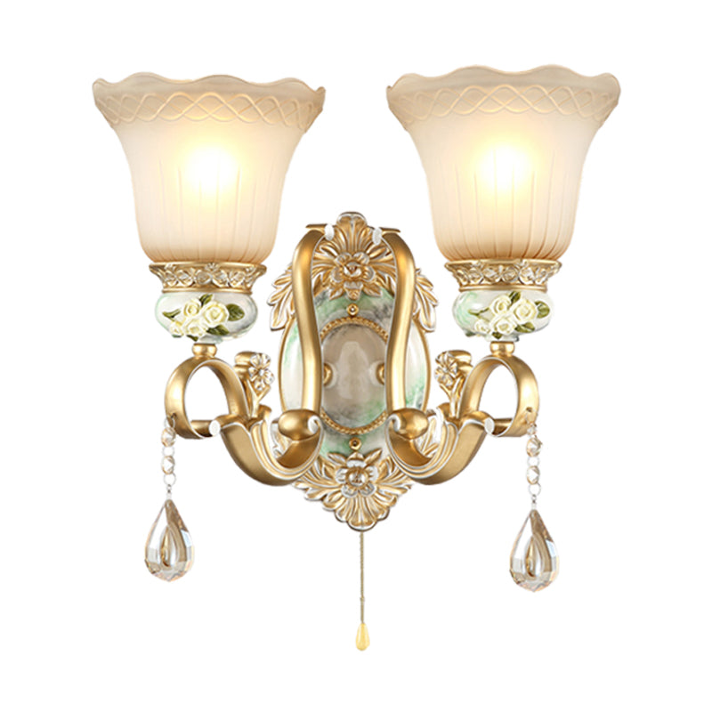 Gold Scallop Wall Light Vintage White Glass 1/2 Lights Living Room Sconce Light with Gold Arm and Backplate Clearhalo 'Wall Lamps & Sconces' 'Wall Lights' Lighting' 255145