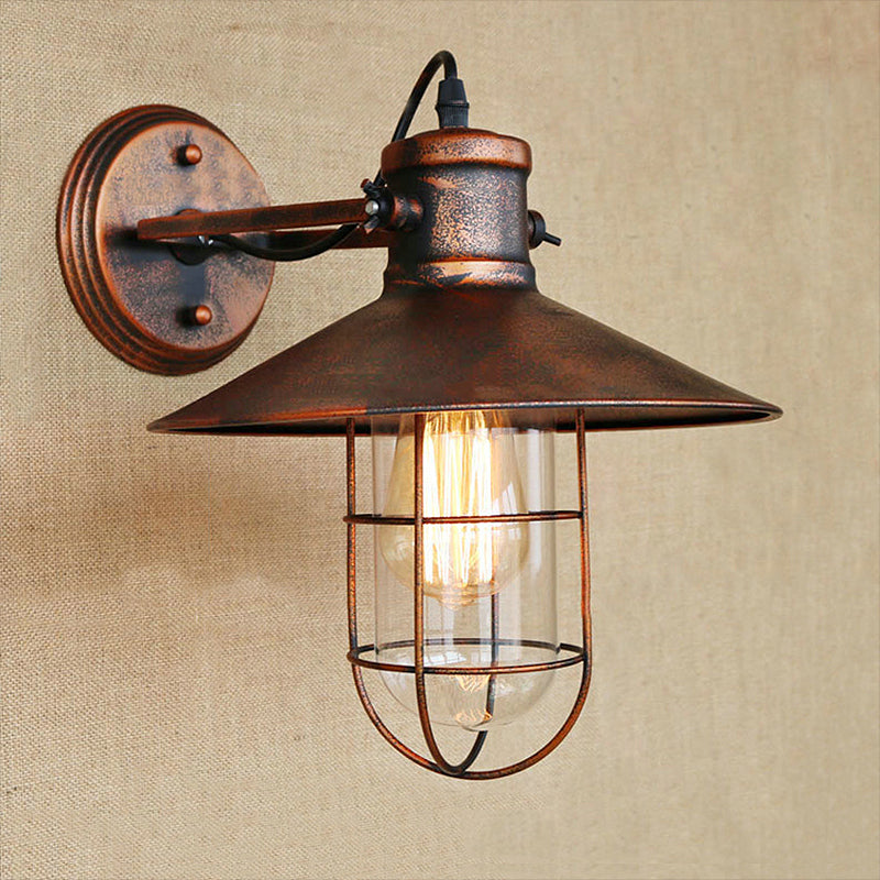 1 Light Clear Glass Wall Sconce Light Traditional Black/Rust Caged Coffee Shop Lighting Fixture Rust Clearhalo 'Art deco wall lights' 'Cast Iron' 'Glass' 'Industrial wall lights' 'Industrial' 'Middle century wall lights' 'Modern' 'Rustic wall lights' 'Tiffany' 'Traditional wall lights' 'Wall Lamps & Sconces' 'Wall Lights' Lighting' 255148