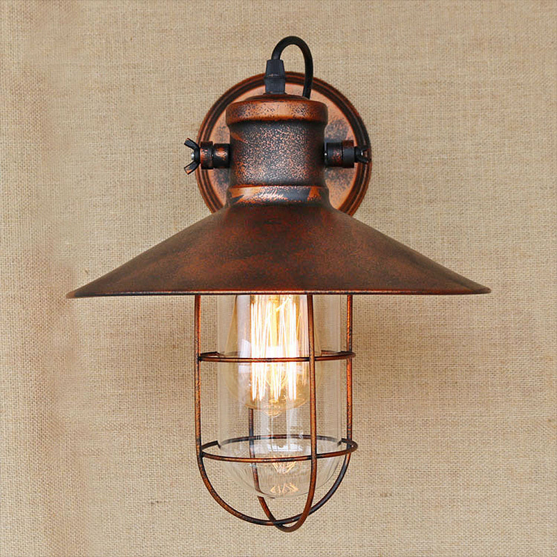 1 Light Clear Glass Wall Sconce Light Traditional Black/Rust Caged Coffee Shop Lighting Fixture Clearhalo 'Art deco wall lights' 'Cast Iron' 'Glass' 'Industrial wall lights' 'Industrial' 'Middle century wall lights' 'Modern' 'Rustic wall lights' 'Tiffany' 'Traditional wall lights' 'Wall Lamps & Sconces' 'Wall Lights' Lighting' 255149