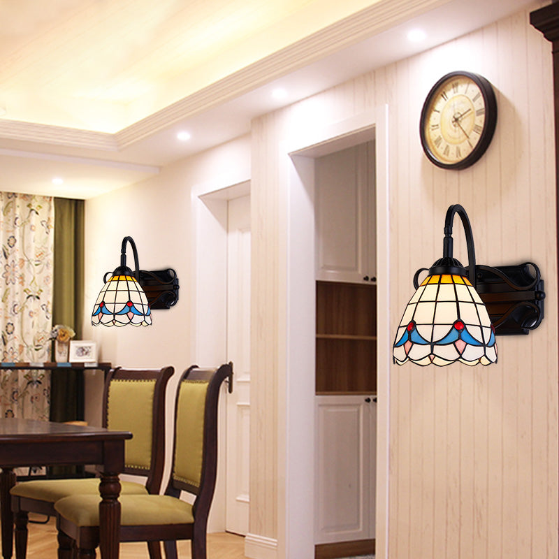 Tiffany Wall Mount Fixture Stained Glass 1 Light Colorful Wall Sconce in Beige/Blue/Blue-White/White for Dining Room White Clearhalo 'Industrial' 'Middle century wall lights' 'Tiffany wall lights' 'Tiffany' 'Wall Lamps & Sconces' 'Wall Lights' Lighting' 25517
