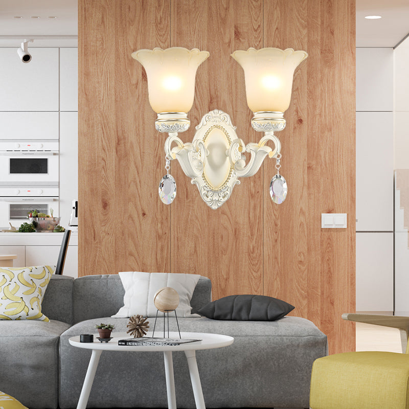 Ivory Flower Wall Light Traditional White Glass 1/2 Lights Living Room Sconce Light Clearhalo 'Wall Lamps & Sconces' 'Wall Lights' Lighting' 255175