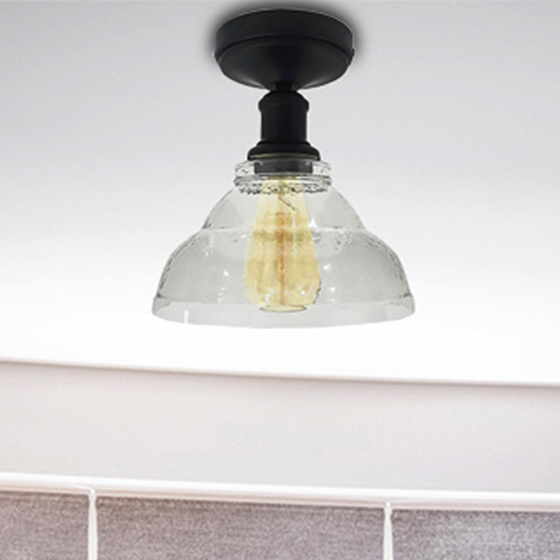 1 Light Bowl Shade Semi Flush Light Industrial Black/Chrome Clear Glass Ceiling Mount for Living Room Black Clearhalo 'Ceiling Lights' 'Close To Ceiling Lights' 'Close to ceiling' 'Glass shade' 'Glass' 'Semi-flushmount' Lighting' 255196