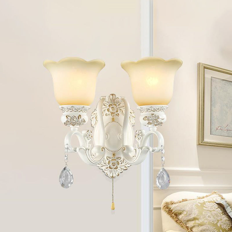 Scalloped White Glass Sconce Light Traditional 1/2 Lights Wall Light with Ivory Resin Backplate Clearhalo 'Wall Lamps & Sconces' 'Wall Lights' Lighting' 255208