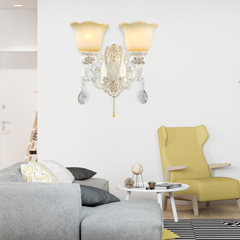 Scalloped White Glass Sconce Light Traditional 1/2 Lights Wall Light with Ivory Resin Backplate Clearhalo 'Wall Lamps & Sconces' 'Wall Lights' Lighting' 255209