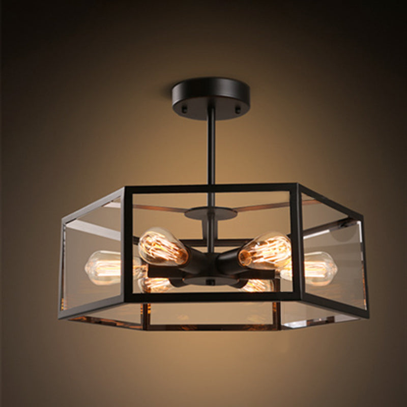 Retro Industrial Style Geometric Semi Flush Mount Light 6 Lights Metal Ceiling Flush Mount for Bar Clearhalo 'Cast Iron' 'Ceiling Lights' 'Chandeliers' 'Industrial Chandeliers' 'Industrial' 'Metal' 'Middle Century Chandeliers' 'Rustic Chandeliers' 'Tiffany' Lighting' 2552332