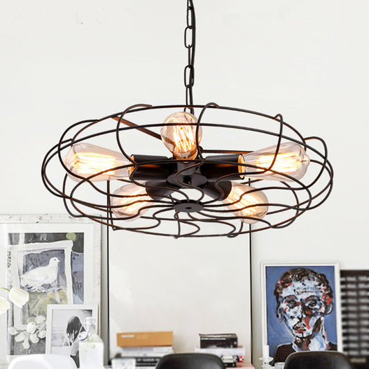 Retro Industrial Style Hanging Fan Shape Chandelier Pendant Light 5 Lights Metal Ceiling Lights Fixture for Restaurant Clearhalo 'Cast Iron' 'Ceiling Lights' 'Chandeliers' 'Industrial Chandeliers' 'Industrial' 'Metal' 'Middle Century Chandeliers' 'Rustic Chandeliers' 'Tiffany' Lighting' 2552337