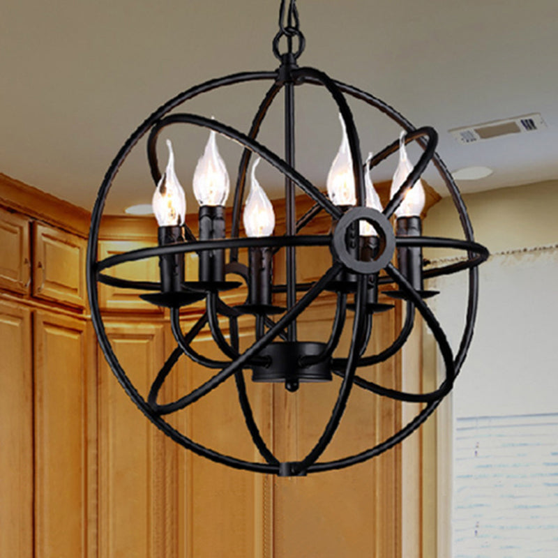 Retro Industrial Style Globe Pendant Chandelier Iron Hanging Light Fixture with Candle Design for Coffee Shop 6 Black Clearhalo 'Cast Iron' 'Ceiling Lights' 'Chandeliers' 'Industrial Chandeliers' 'Industrial' 'Metal' 'Middle Century Chandeliers' 'Rustic Chandeliers' 'Tiffany' Lighting' 2552348