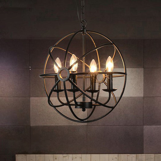 Retro Industrial Style Globe Pendant Chandelier Iron Hanging Light Fixture with Candle Design for Coffee Shop 4 Black Clearhalo 'Cast Iron' 'Ceiling Lights' 'Chandeliers' 'Industrial Chandeliers' 'Industrial' 'Metal' 'Middle Century Chandeliers' 'Rustic Chandeliers' 'Tiffany' Lighting' 2552349