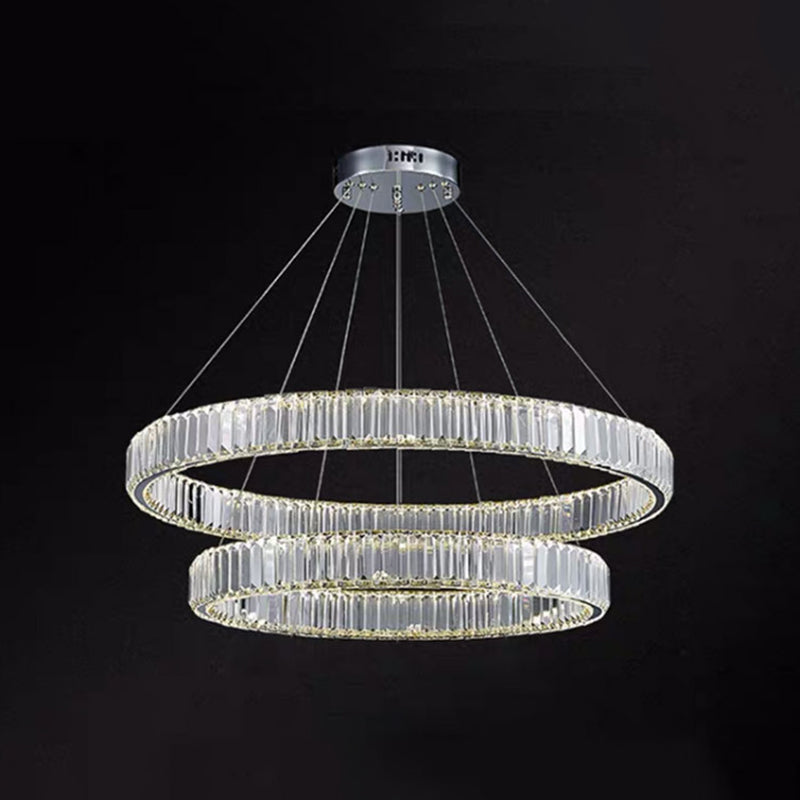 Ultra-modern Ring LED Chandelier Lamp Crystal Suspension Pendant Light for Living Room Chrome 24"+31.5" Clearhalo 'Ceiling Lights' 'Chandeliers' 'Modern Chandeliers' 'Modern' Lighting' 2552385