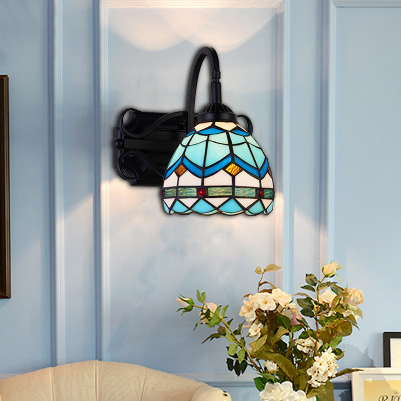 Tiffany Wall Mount Fixture Stained Glass 1 Light Colorful Wall Sconce in Beige/Blue/Blue-White/White for Dining Room Blue Clearhalo 'Industrial' 'Middle century wall lights' 'Tiffany wall lights' 'Tiffany' 'Wall Lamps & Sconces' 'Wall Lights' Lighting' 25524