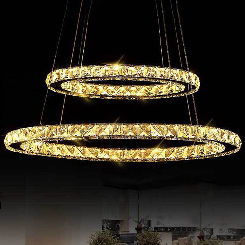 Modern Circle LED Chandelier Light Fixtures Crystal Block Hanging Pendant Lights for Bedroom Clear Warm Clearhalo 'Ceiling Lights' 'Chandeliers' 'Clear' 'Industrial' 'Modern Chandeliers' 'Modern' 'Tiffany' 'Traditional Chandeliers' Lighting' 2552408