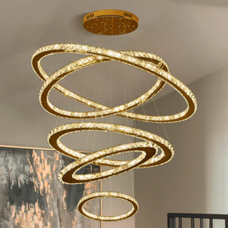Contemporary Ring Chandelier Pendant Light K9 Crystal Suspension Pendant Light for Living Room Stainless-Steel 6"+12"+19.5"+27.5"+35.5" Clearhalo 'Ceiling Lights' 'Chandeliers' 'Modern Chandeliers' 'Modern' Lighting' 2552423