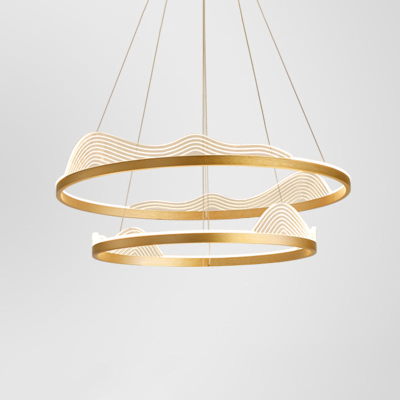 Ultra-modern Round Hanging Chandelier Metal Suspension Lighting with Lace Decoration for Living Room Gold 16"+23.5" Clearhalo 'Ceiling Lights' 'Chandeliers' 'Modern Chandeliers' 'Modern' Lighting' 2552437