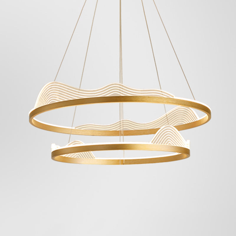 Ultra-modern Round Hanging Chandelier Metal Suspension Lighting with Lace Decoration for Living Room Gold 24"+31.5" Clearhalo 'Ceiling Lights' 'Chandeliers' 'Modern Chandeliers' 'Modern' Lighting' 2552443
