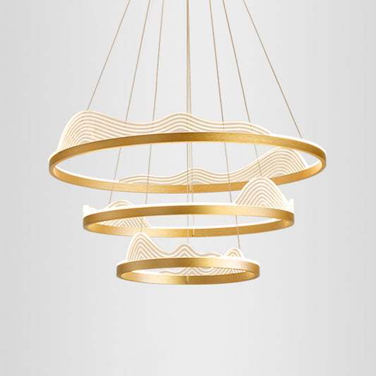 Ultra-modern Round Hanging Chandelier Metal Suspension Lighting with Lace Decoration for Living Room Gold 16"+23.5"+31.5" Clearhalo 'Ceiling Lights' 'Chandeliers' 'Modern Chandeliers' 'Modern' Lighting' 2552445