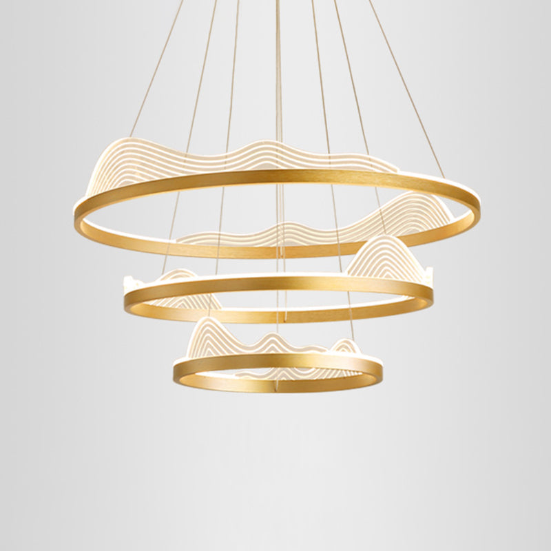 Ultra-modern Round Hanging Chandelier Metal Suspension Lighting with Lace Decoration for Living Room Gold 23.5"+31.5"+39" Clearhalo 'Ceiling Lights' 'Chandeliers' 'Modern Chandeliers' 'Modern' Lighting' 2552446