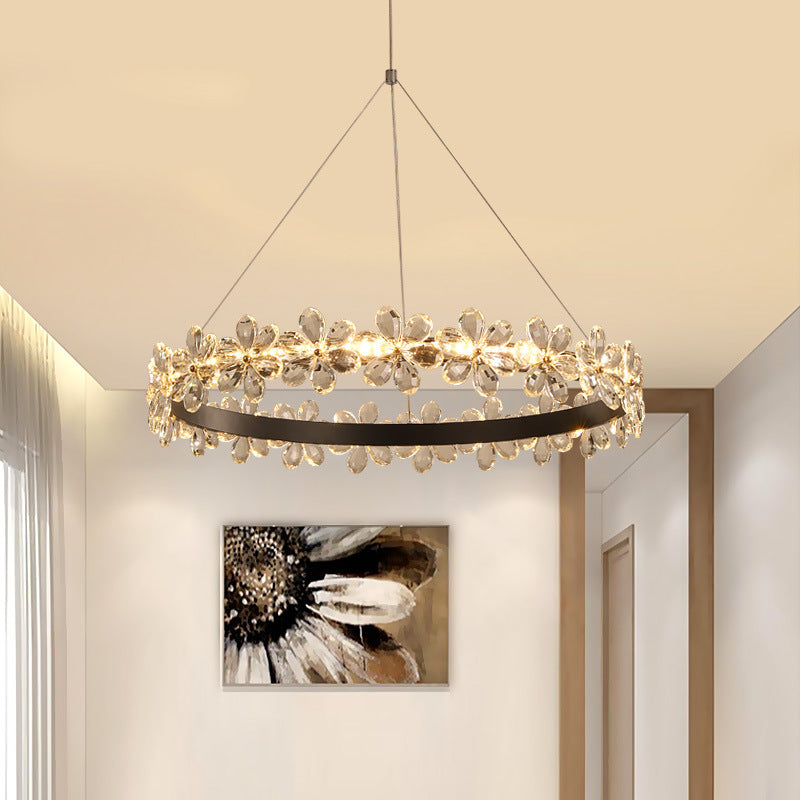 Ultra-modern Circle Hanging Chandelier Clear Crystal Hanging Lamp with Flower Decoration for Restaurant Clear 12" Clearhalo 'Ceiling Lights' 'Chandeliers' 'Clear' 'Industrial' 'Modern Chandeliers' 'Modern' 'Tiffany' 'Traditional Chandeliers' Lighting' 2552497