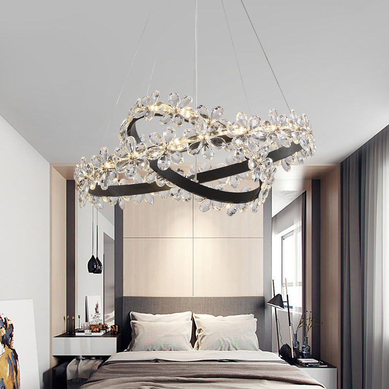 Ultra-modern Circle Hanging Chandelier Clear Crystal Hanging Lamp with Flower Decoration for Restaurant Clear 16"+23.5" Clearhalo 'Ceiling Lights' 'Chandeliers' 'Clear' 'Industrial' 'Modern Chandeliers' 'Modern' 'Tiffany' 'Traditional Chandeliers' Lighting' 2552498