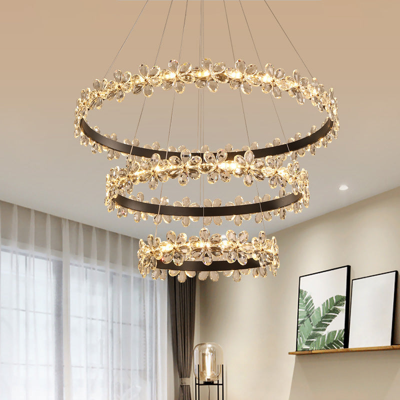 Ultra-modern Circle Hanging Chandelier Clear Crystal Hanging Lamp with Flower Decoration for Restaurant Clearhalo 'Ceiling Lights' 'Chandeliers' 'Clear' 'Industrial' 'Modern Chandeliers' 'Modern' 'Tiffany' 'Traditional Chandeliers' Lighting' 2552499