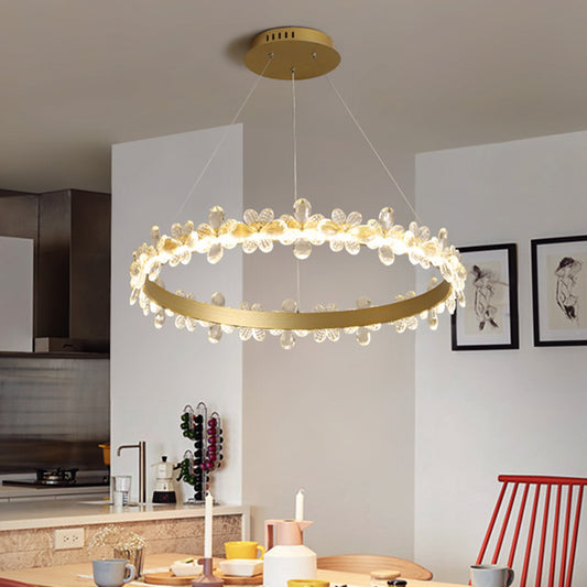 Ultra-modern Circle Hanging Chandelier Clear Crystal Hanging Lamp with Flower Decoration for Restaurant Clear 16" Clearhalo 'Ceiling Lights' 'Chandeliers' 'Clear' 'Industrial' 'Modern Chandeliers' 'Modern' 'Tiffany' 'Traditional Chandeliers' Lighting' 2552500