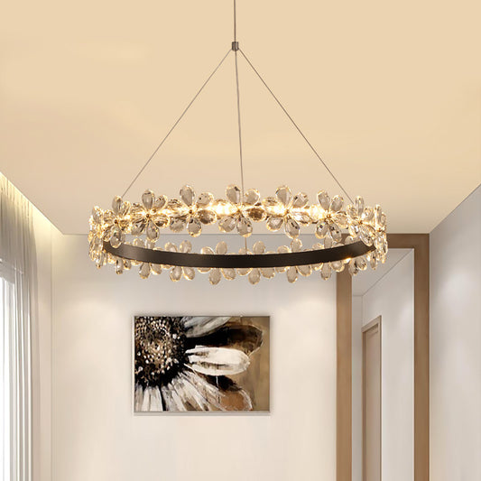 Ultra-modern Circle Hanging Chandelier Clear Crystal Hanging Lamp with Flower Decoration for Restaurant Clearhalo 'Ceiling Lights' 'Chandeliers' 'Clear' 'Industrial' 'Modern Chandeliers' 'Modern' 'Tiffany' 'Traditional Chandeliers' Lighting' 2552501
