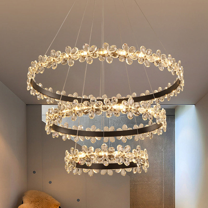 Ultra-modern Circle Hanging Chandelier Clear Crystal Hanging Lamp with Flower Decoration for Restaurant Clear 16"+23.5"+31.5" Clearhalo 'Ceiling Lights' 'Chandeliers' 'Clear' 'Industrial' 'Modern Chandeliers' 'Modern' 'Tiffany' 'Traditional Chandeliers' Lighting' 2552502