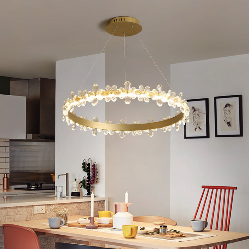 Ultra-modern Circle Hanging Chandelier Clear Crystal Hanging Lamp with Flower Decoration for Restaurant Clearhalo 'Ceiling Lights' 'Chandeliers' 'Clear' 'Industrial' 'Modern Chandeliers' 'Modern' 'Tiffany' 'Traditional Chandeliers' Lighting' 2552503