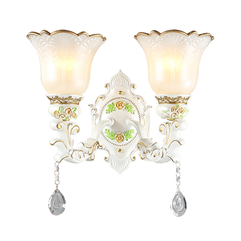 Opal Glass Flower Wall Sconce Light Traditional 1/2 Lights Living Room Wall Light Fixture in White Clearhalo 'Wall Lamps & Sconces' 'Wall Lights' Lighting' 255253