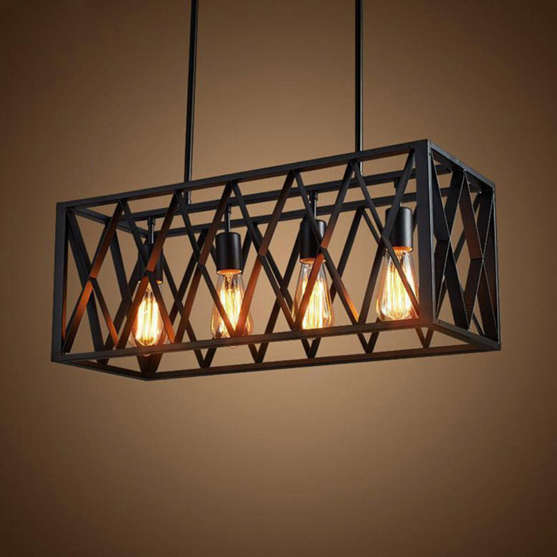 Black Cage Shape Island Pendant Light Industrial Metal Coffee Shop Chandelier Lamp Black Downrods Clearhalo 'Ceiling Lights' 'Island Lights' Lighting' 2552763