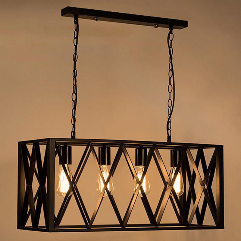 Black Cage Shape Island Pendant Light Industrial Metal Coffee Shop Chandelier Lamp Black Chain Clearhalo 'Ceiling Lights' 'Island Lights' Lighting' 2552764