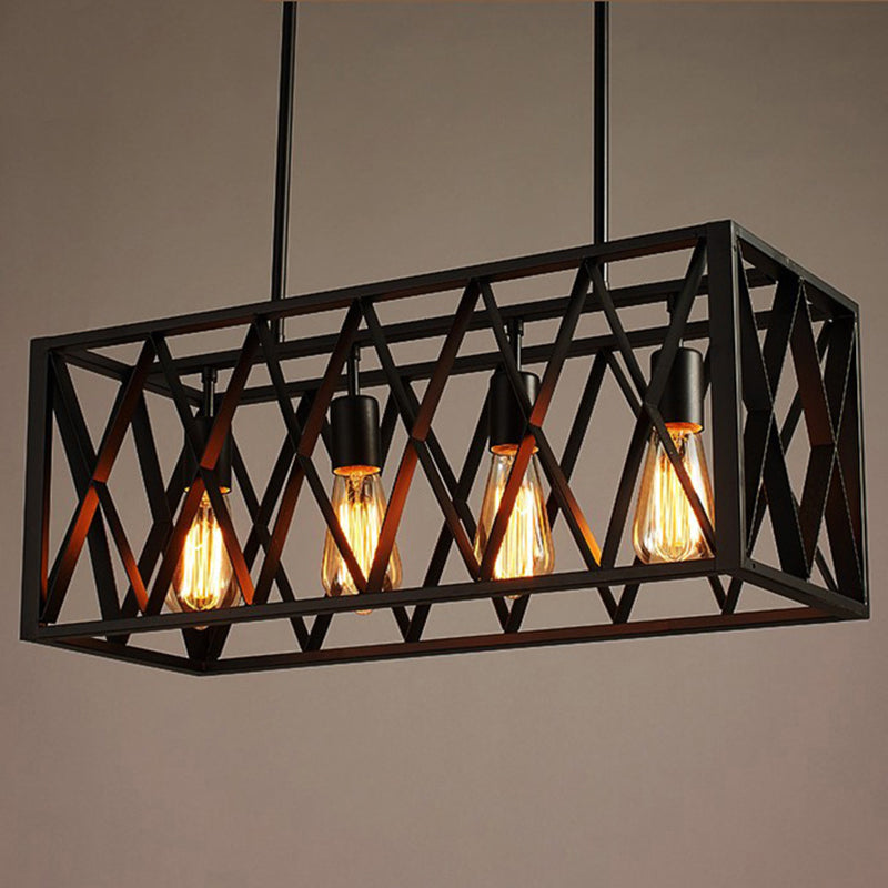 Black Cage Shape Island Pendant Light Industrial Metal Coffee Shop Chandelier Lamp Clearhalo 'Ceiling Lights' 'Island Lights' Lighting' 2552765
