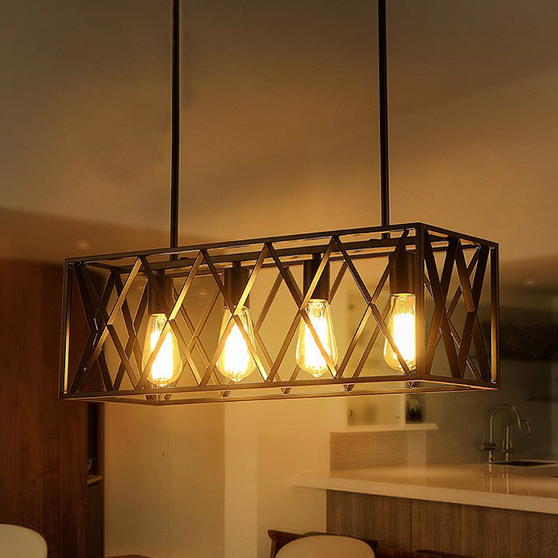 Black Cage Shape Island Pendant Light Industrial Metal Coffee Shop Chandelier Lamp Clearhalo 'Ceiling Lights' 'Island Lights' Lighting' 2552766