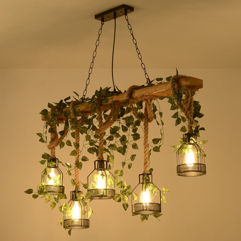 Island Pendant Light Industrial Style Linear Wood Hanging Chandelier Beige with Cage Shade Clearhalo 'Ceiling Lights' 'Island Lights' Lighting' 2552791