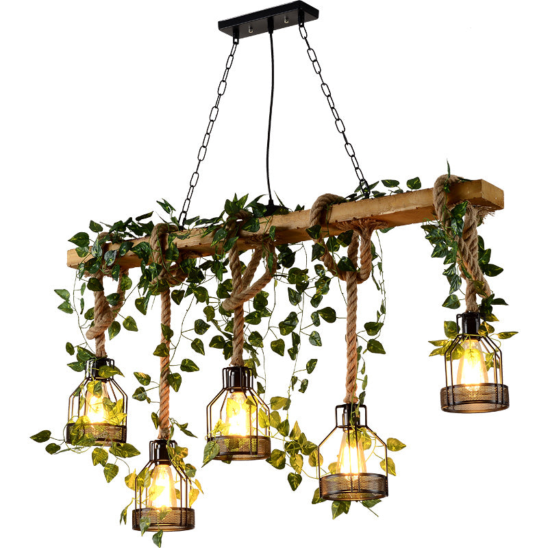 Island Pendant Light Industrial Style Linear Wood Hanging Chandelier Beige with Cage Shade Clearhalo 'Ceiling Lights' 'Island Lights' Lighting' 2552793