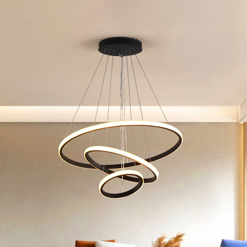 3 Rings Ceiling Pendant Light Simplicity Style Metal LED Bedroom Suspended Lighting Fixture Black Clearhalo 'Ceiling Lights' 'Chandeliers' 'Modern Chandeliers' 'Modern' Lighting' 2552796