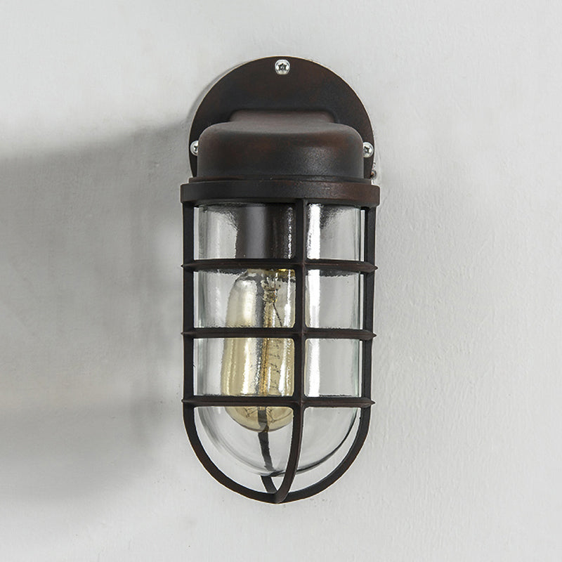Clear Glass Black/White/Rust Sconce Light Cylinder 1-Light Traditional Wall Lamp Fixture for Porch with Caged Clearhalo 'Art deco wall lights' 'Cast Iron' 'Glass' 'Industrial wall lights' 'Industrial' 'Middle century wall lights' 'Modern' 'Rustic wall lights' 'Tiffany' 'Traditional wall lights' 'Wall Lamps & Sconces' 'Wall Lights' Lighting' 255289