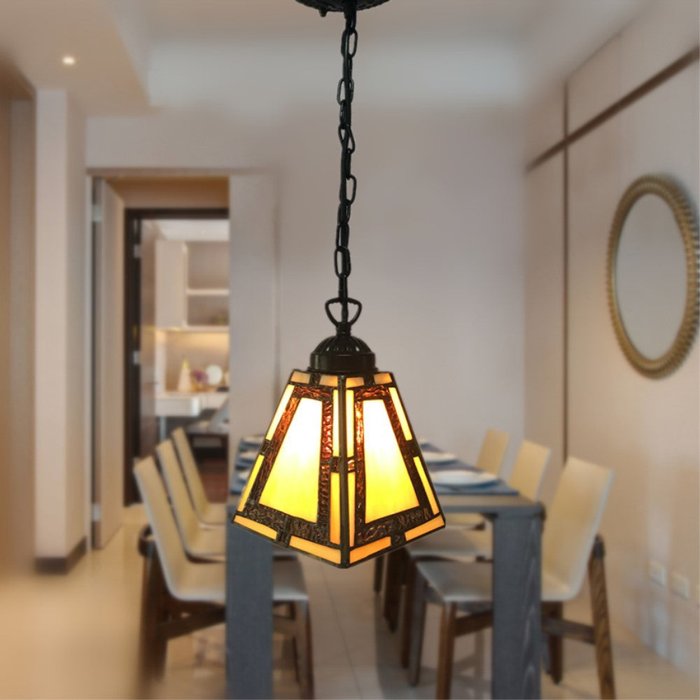 Mission Style Geometric Pendant Lights 1 Light Stained Glass Bedroom Hanging Pendant Lights in Yellow Clearhalo 'Ceiling Lights' 'Chandeliers' 'Glass shade' 'Glass' 'Industrial' 'Middle Century Pendants' 'Pendant Lights' 'Pendants' 'Tiffany close to ceiling' 'Tiffany Pendants' 'Tiffany' Lighting' 2553150