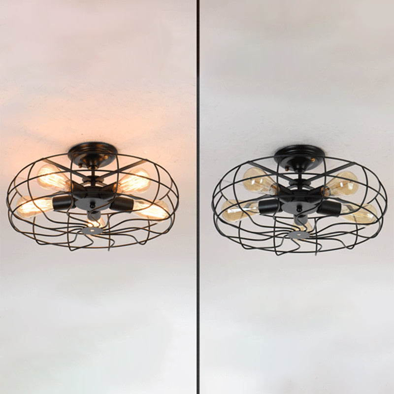 Metal Semi Flush Mount Chandelier Shabby Chic Black Cage Aisle Semi Mount Lighting Clearhalo 'Ceiling Lights' 'Close To Ceiling Lights' 'Close to ceiling' 'Semi-flushmount' Lighting' 2553186